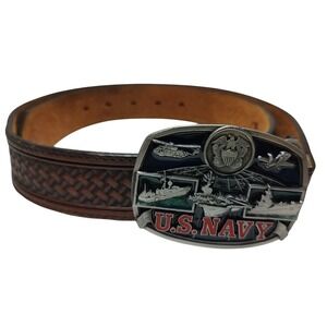 Silver Creek Leather Belt 36 82808 with US Navy Belt ‎ Buckle Bergamont Vintage